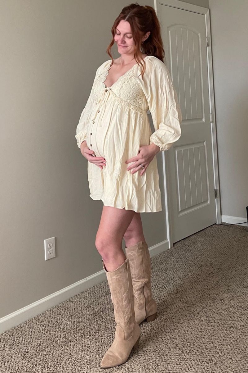 Women's Beige Crochet Lace Button Front Dress