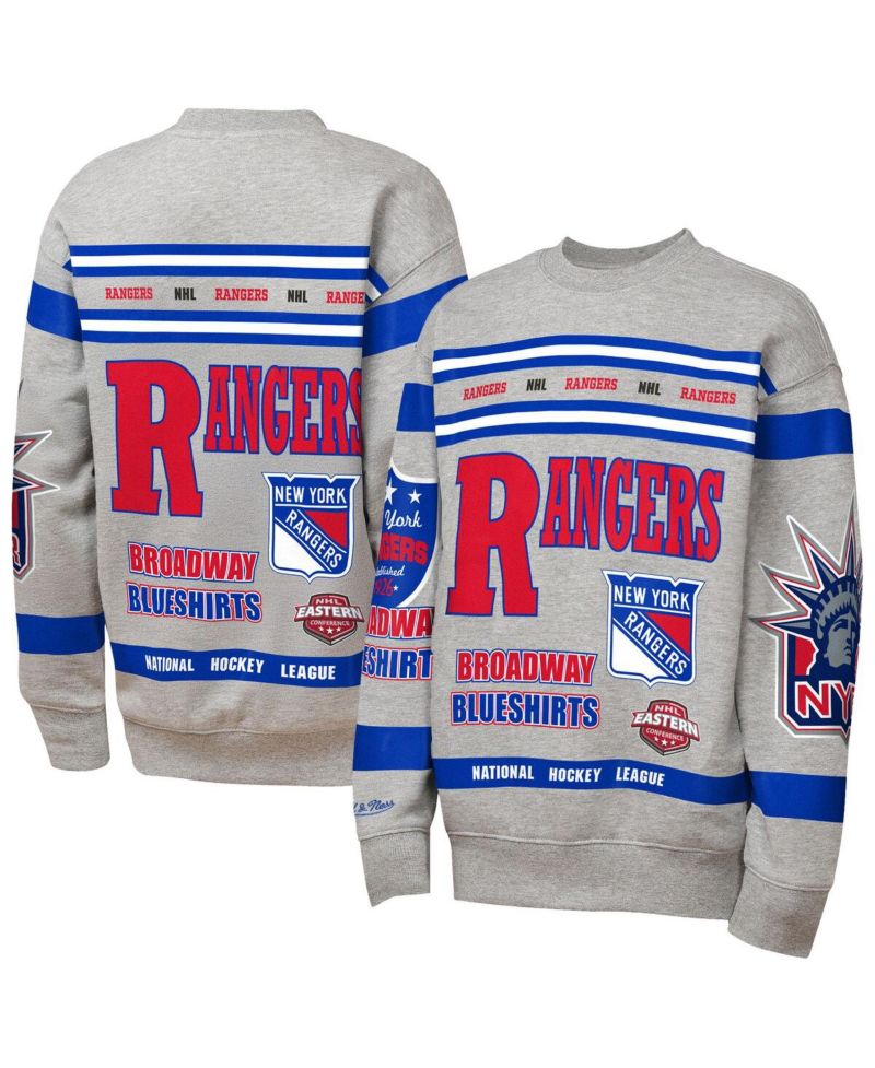 Big Boys and Girls Heather Gray New York Rangers Allover Print Fleece Crewneck Sweatshirt