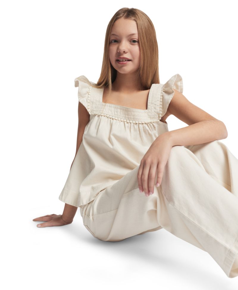 Girls' 7-16 Twill Ruffle-Sleeve Top