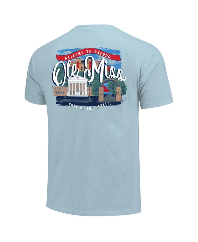 Women's Blue Ole Miss Rebels Comfort Colors Campus Scene Drawing Script T-Shirt