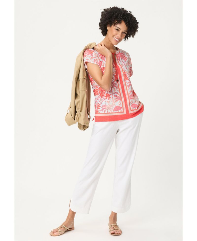 Women's Ornamental Botanic Print Split Neck T-Shirt