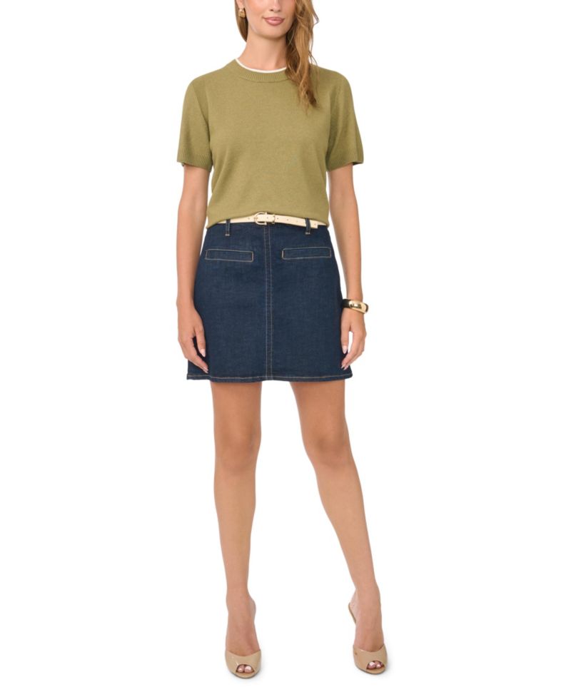 Women's Contrast-Neck Short-Sleeve Sweater