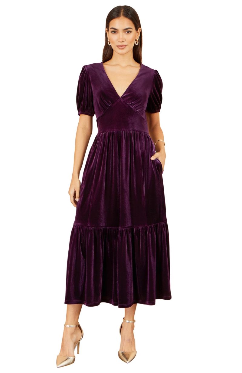 Women's Puff-Sleeve V-Neck Tiered Velvet Midi Dress
