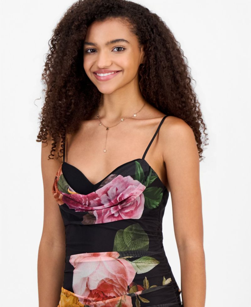 Juniors' Cowl Neck Floral Mesh Sleeveless Gown