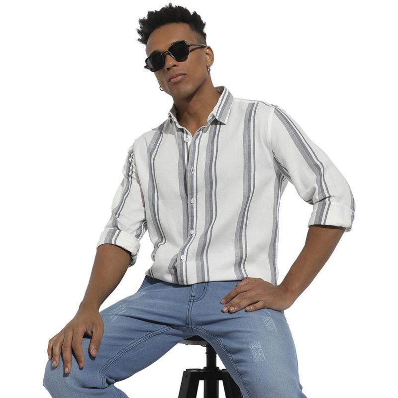 Men's White & Dark Grey Barcode Striped Shirt