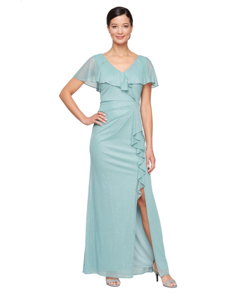 Women's Beaded Ruffled Capelet Gown