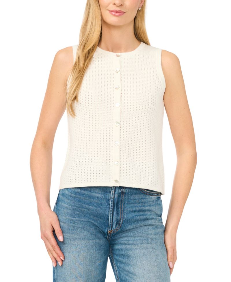 Women's Pointelle Sleeveless Button-Up Cotton Tank Top