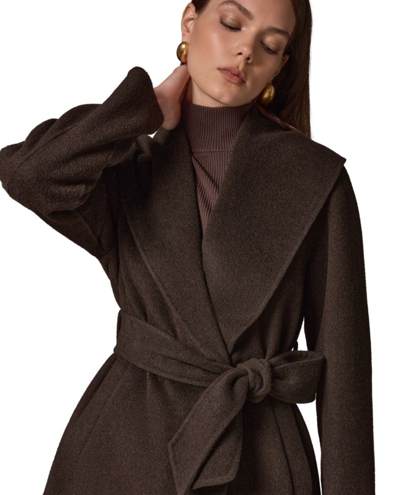 Women's Belted Fringe Wool-Blend Shawl-Collar Mid-Length Coat