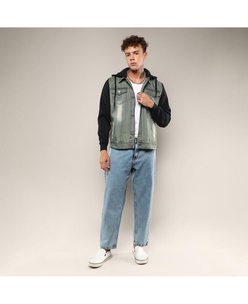 Men's Light-Wash Hooded Denim Jacket With Sweatshirt-Style Sleeves