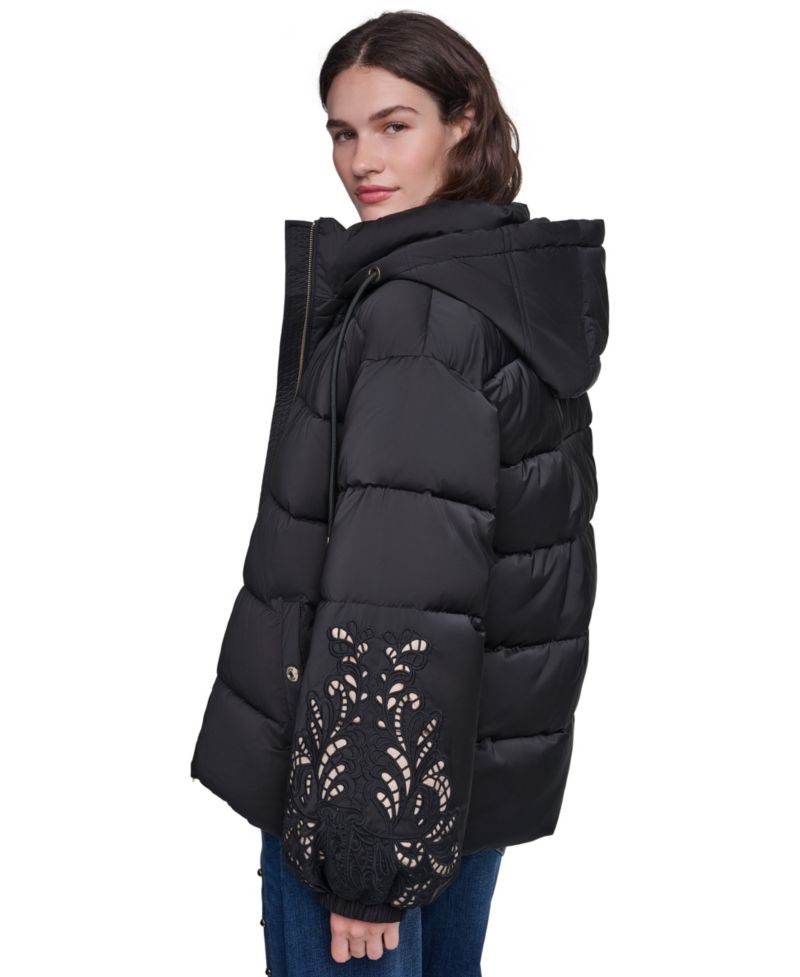 Women's Floral-Embroidered Short Hooded Puffer Jacket