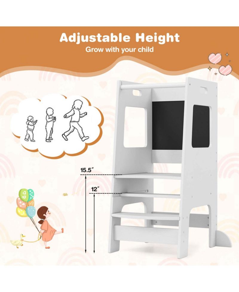 Toddler Kitchen Step Stool with Activity Chalkboard Adjustable Height & Safety Rail