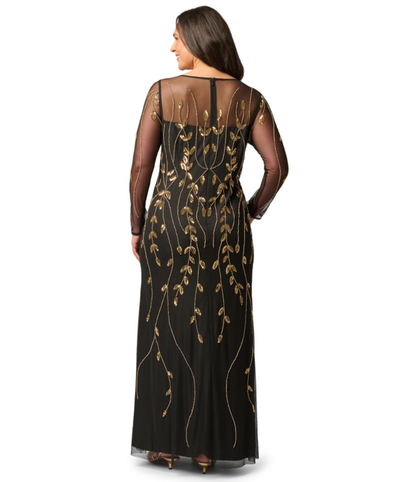 Plus Size Beaded Long-Sleeve Gown