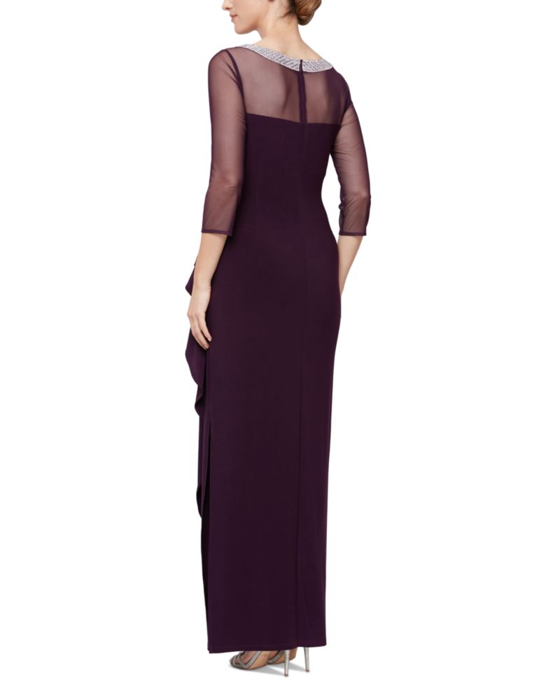 Petite Embellished-Neck Side-Ruched Illusion Dress
