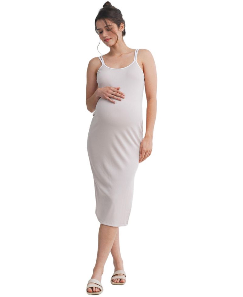 Women's Ribbed Bodycon Midi Dress with Double Straps and Side Slit