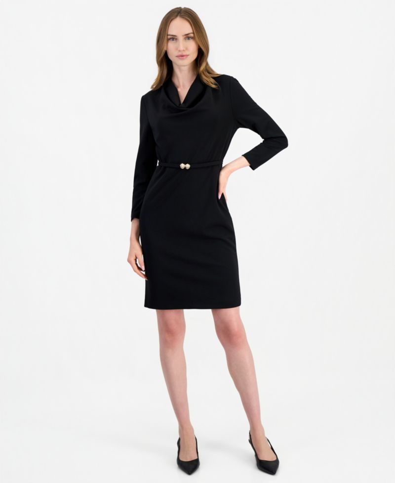 Women's Cowl-Neck Belted Long-Sleeve Dress