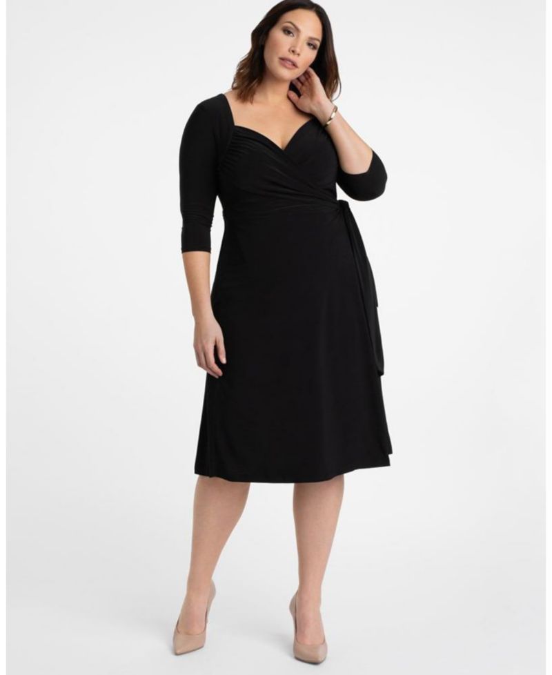 Plus Size Sweetheart Knit Wrap Dress with 3/4 Sleeves