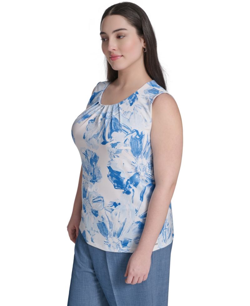 Plus Size Printed Pleated Crewneck Camisole Top