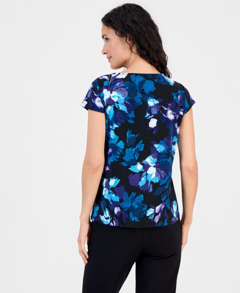 Women's Printed Cowl-Neck Cap-Sleeve Blouse