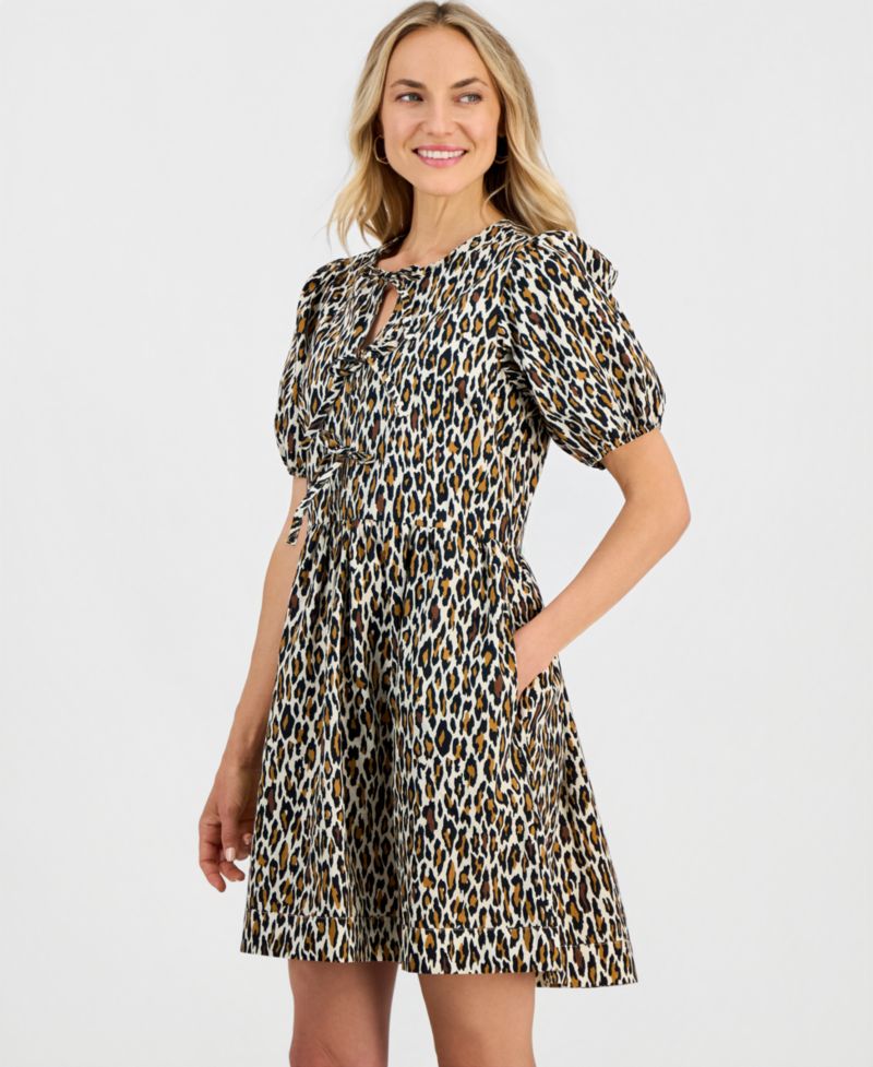 Women's Printed Puff-Sleeve Cotton Mini Dress