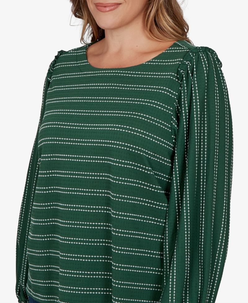 Plus Size Dobby Stripe Long-Sleeve Boat Neck Blouse