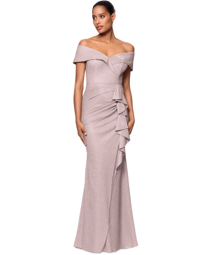Women's Metallic Off-The-Shoulder Ruffled Gown