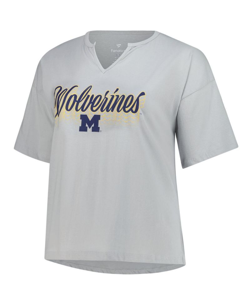 Women's Gray Michigan Wolverines Plus Size Winning Gear Notch Neck T-Shirt