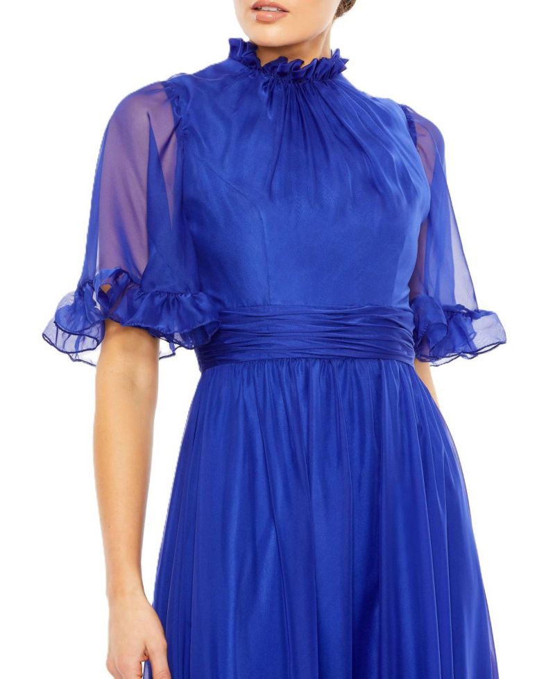 Women's Ruffled High Neck Flutter Sleeve High Low Hem Gown