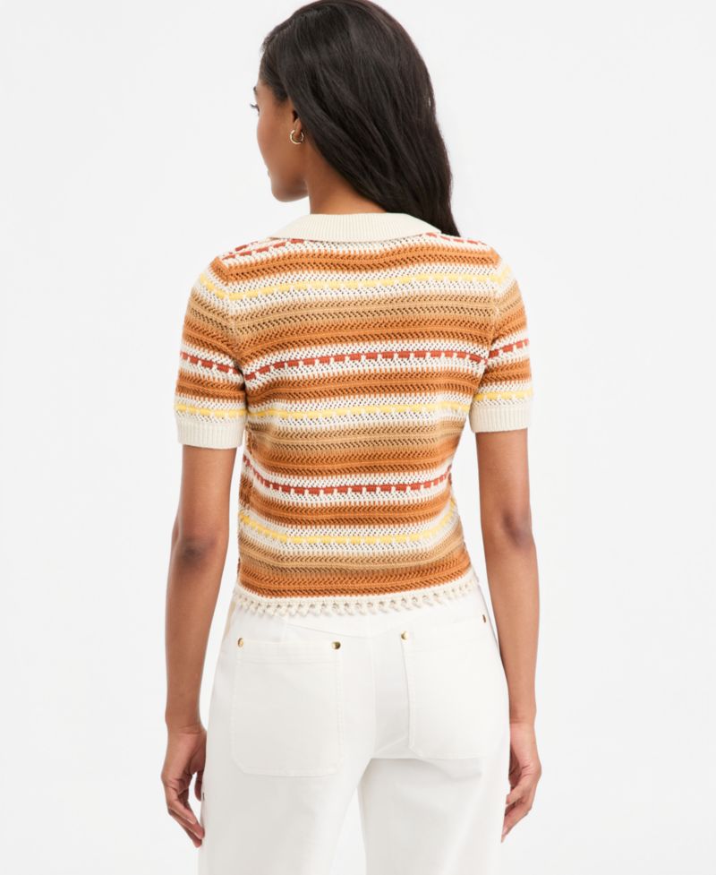 Women's Textured Stripe Short-Sleeve Collared Cardigan