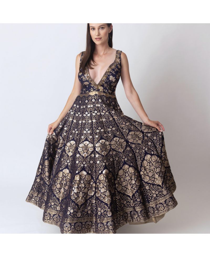 Women's Blue and Gold Brocade Gown