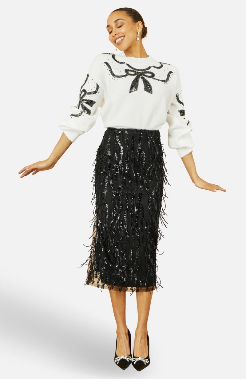 Women's Hanging Sequin Fitted Midi Skirt