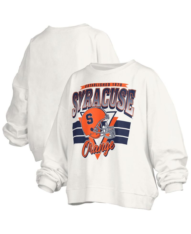 Women's White Syracuse Orange Oversized Janice Retro Waist-Length Pullover Sweatshirt