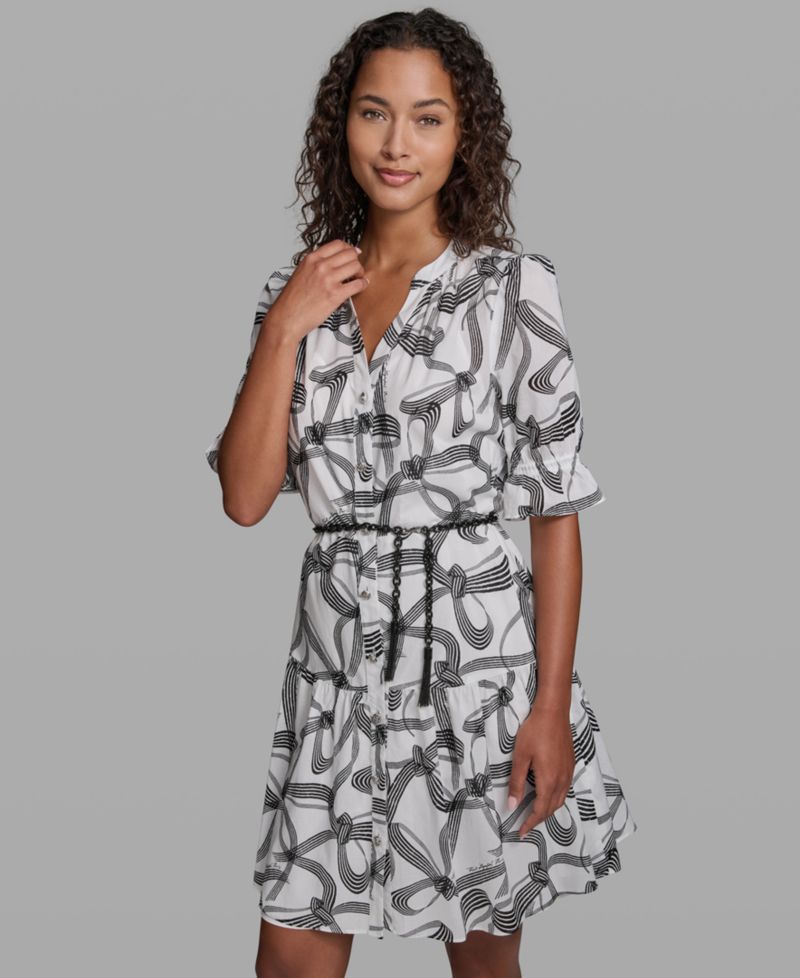 Women's Printed Belt Collared Dress