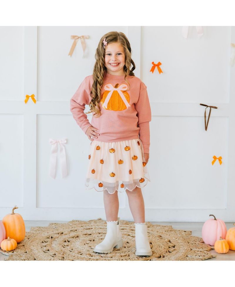 Little Girls Coquette Pumpkin Sequin Patch Sweatshirt