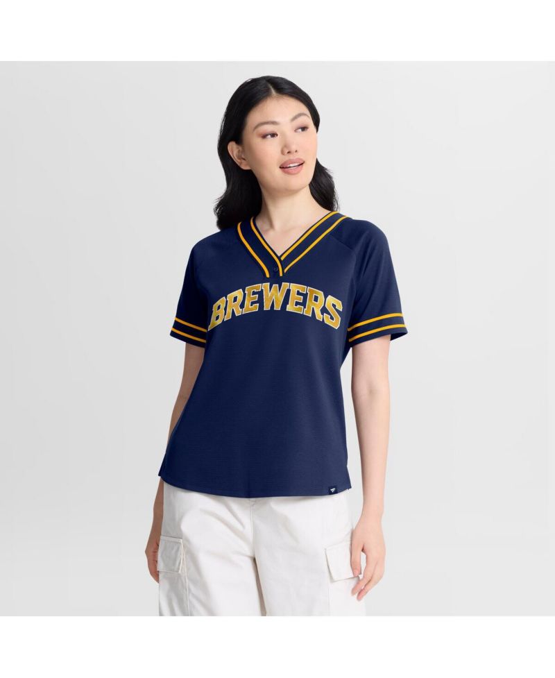 Women's Navy Milwaukee Brewers Diva Race Ahead Raglan V-Neck T-Shirt