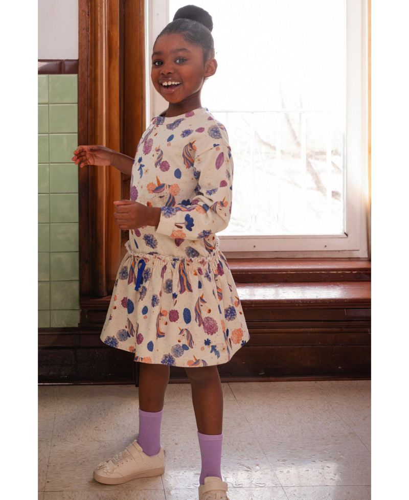 Little and Big Girl 6-12Y French Terry Dress Unicorn Print