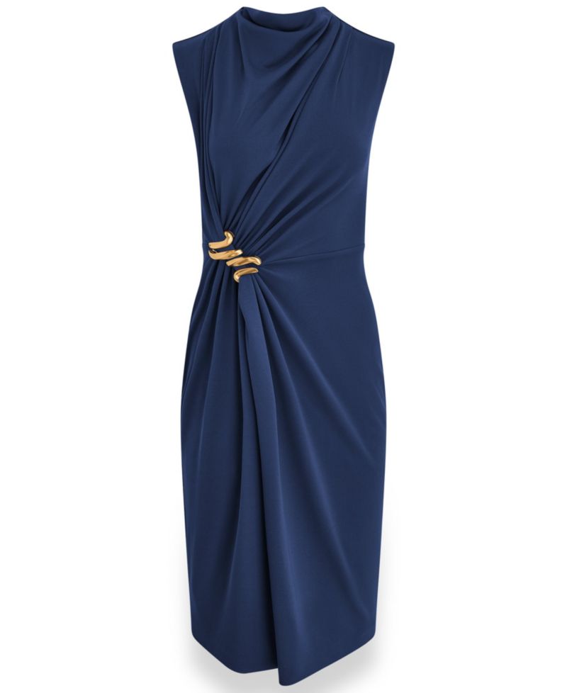 Women's Sleeveless Mock Neck Gathered Waist Midi Dress