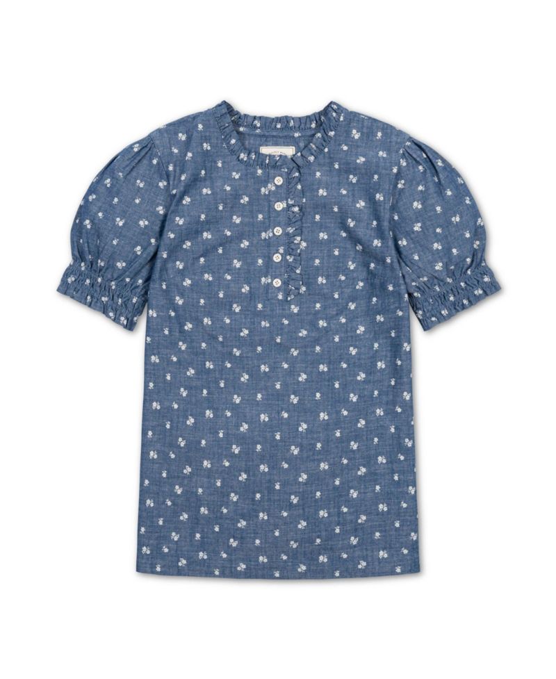 Women's Chambray Puff-Sleeve Floral-Print Blouse
