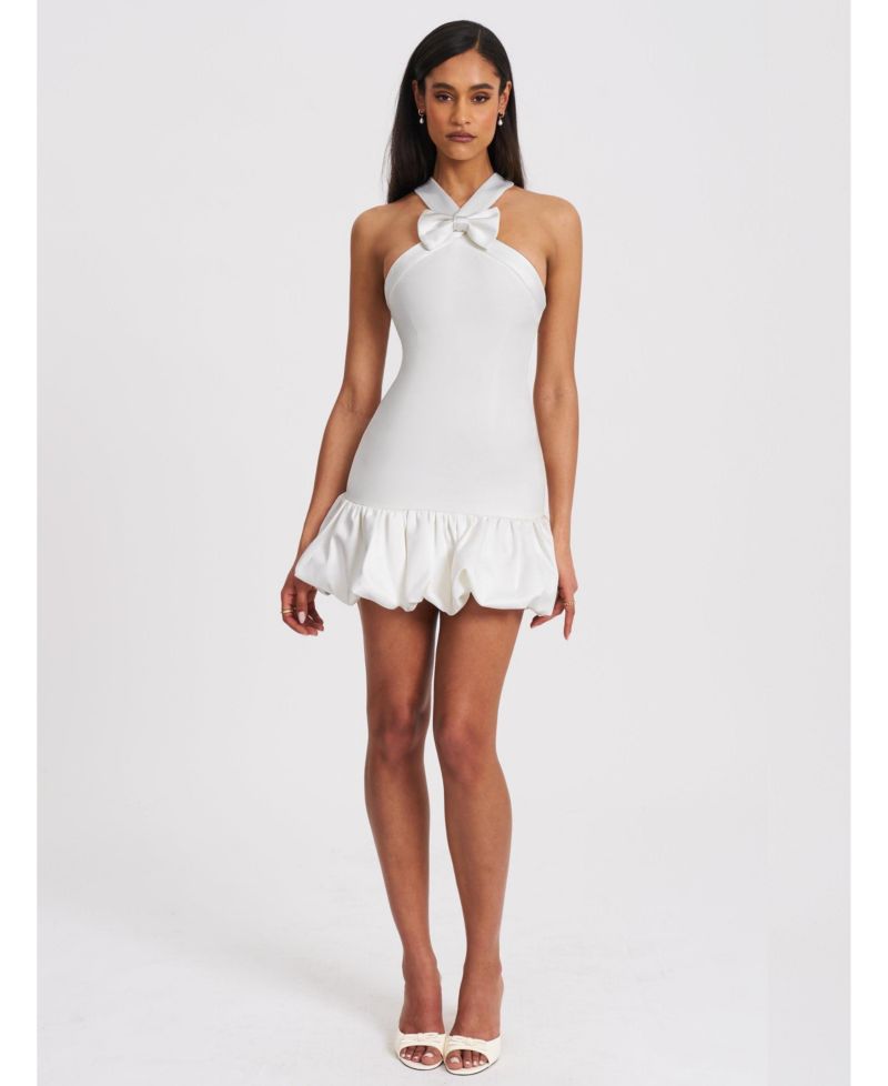 Women's Barbra White Cross Straps Bodycon Mini Dress with Bubble Hem