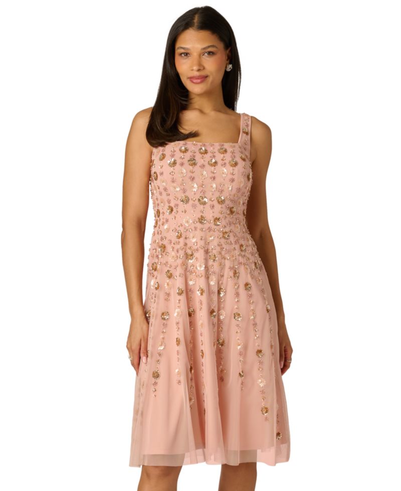 Women's Beaded Mesh Knee-Length Dress