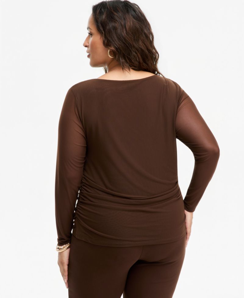 Plus Size Long Sleeve Sheer Mesh Ruched Top