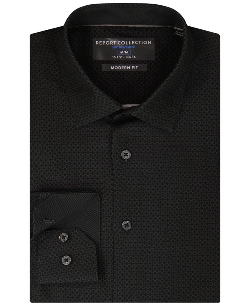 Men's 4-Way Geometric-Print Spread-Collar Woven Dress Shirt