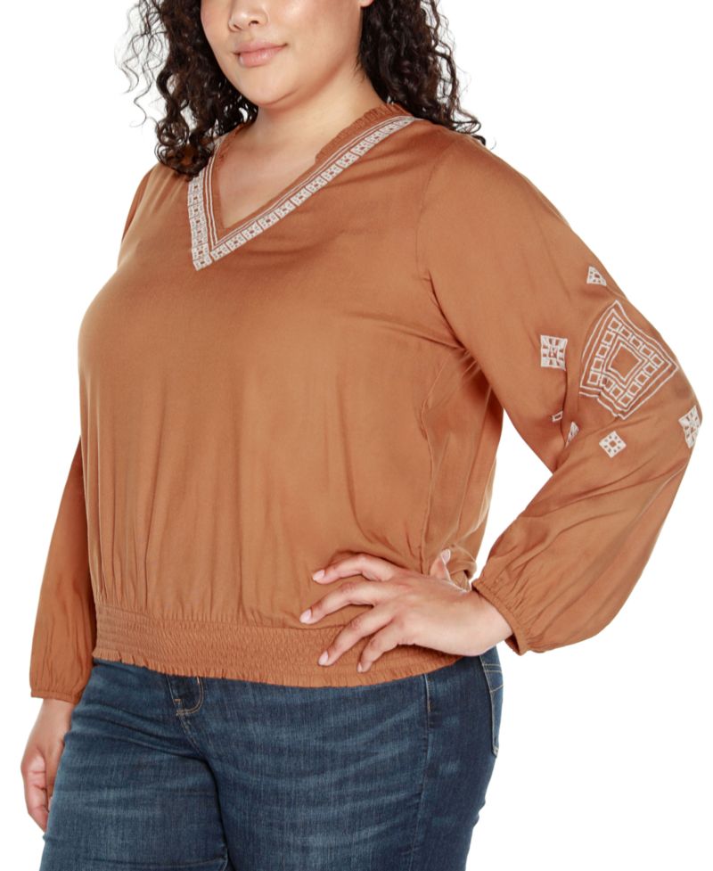 Black Label Plus Size Embroidered Blouson Sleeve V-Neck Blouse