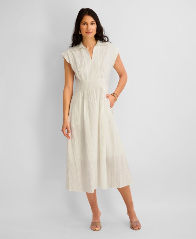 Women's Textured Stripe Midi Collared Shirt Dress