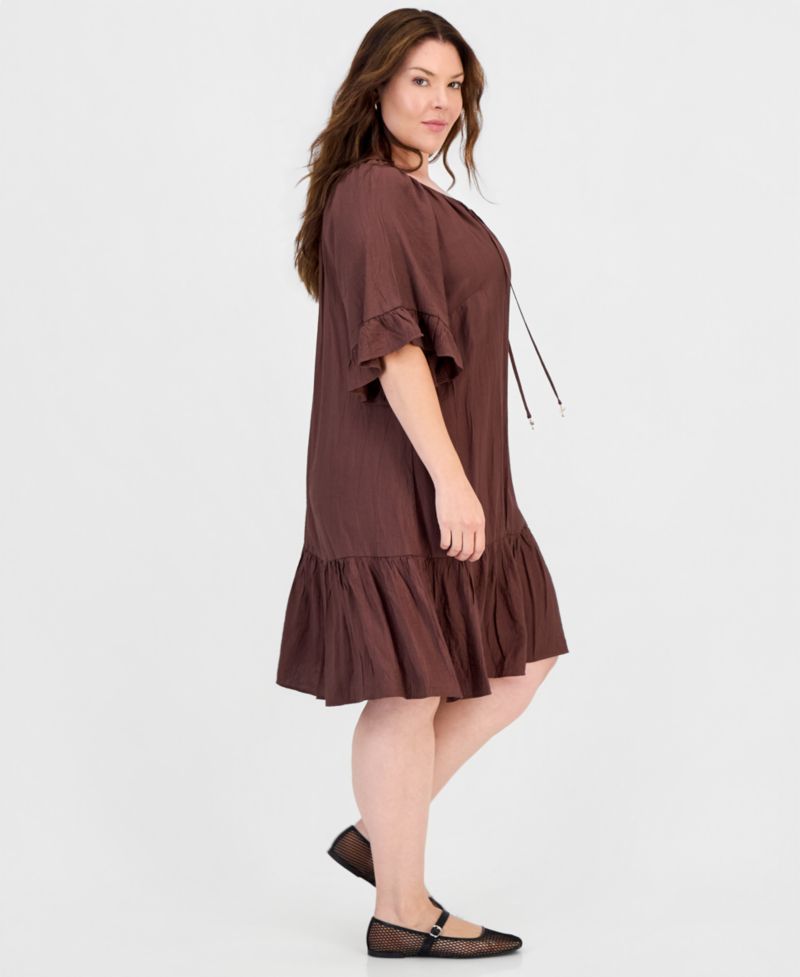 Plus Size Ruffle-Hem Bell-Sleeve Split-Neck Dress