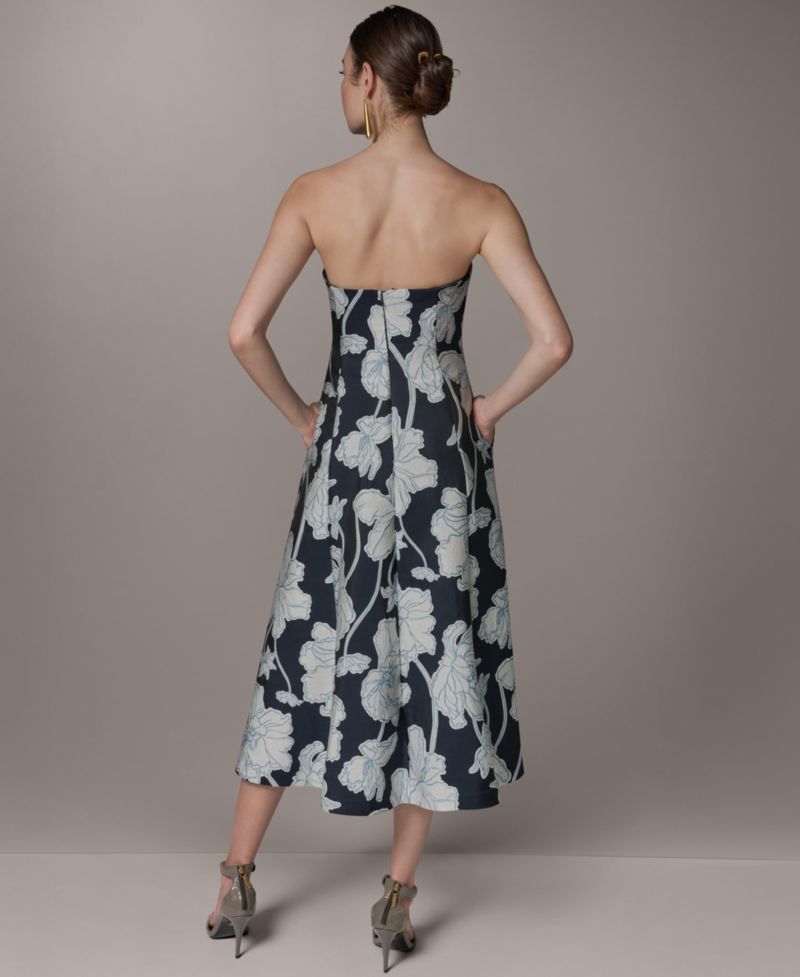 Women's Strapless Jacquard Fit & Flare Floral Midi Dress