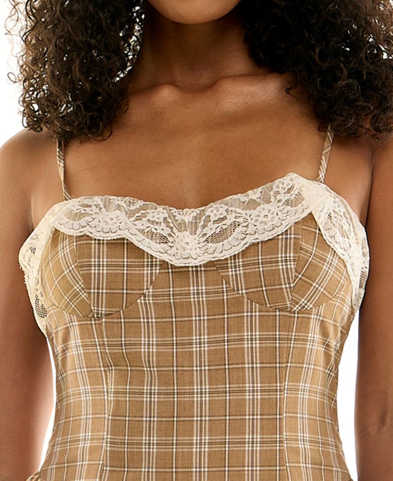Juniors' Sweetheart Neck Lace Trim Plaid Mini Dress