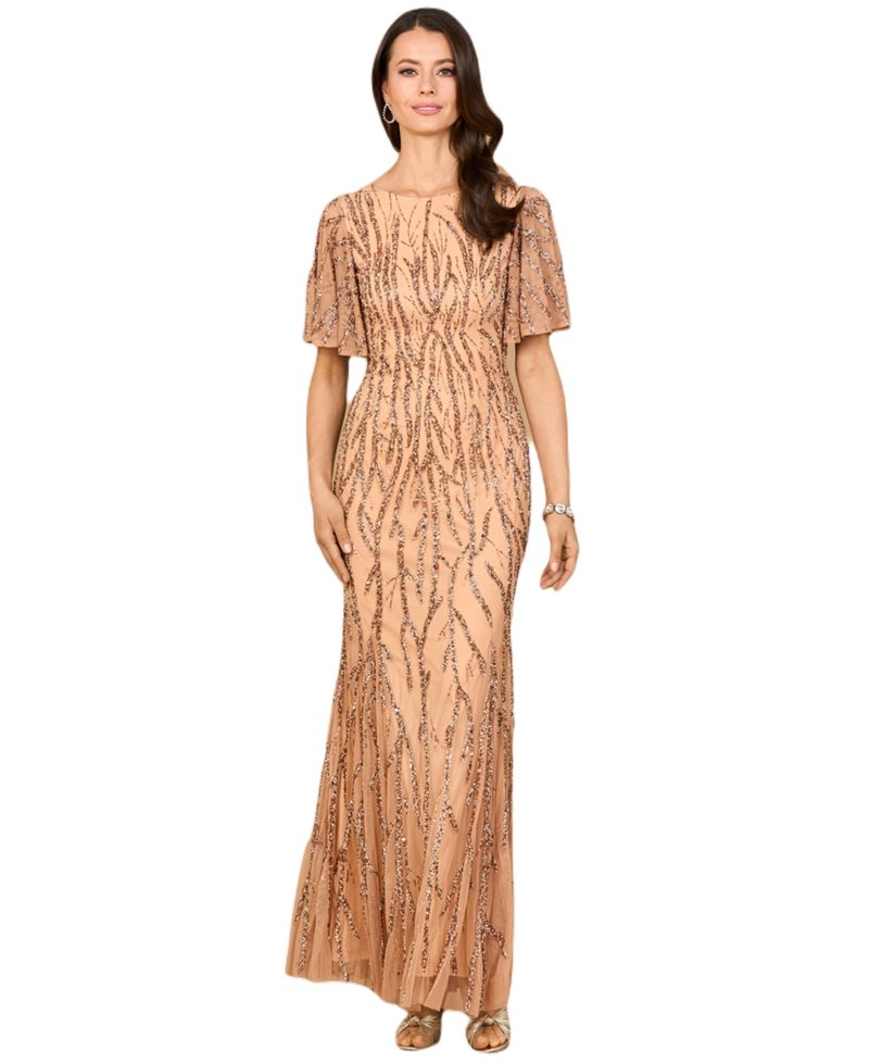 Beaded Gown with Flutter Sleeves