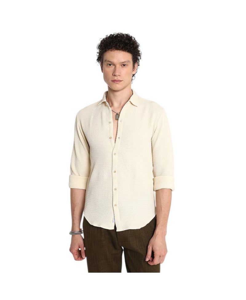 Men's Ivory White Weave-Textured Shirt