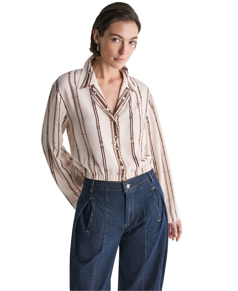 Women's Collared Long-Sleeve Crop Button-Up Top