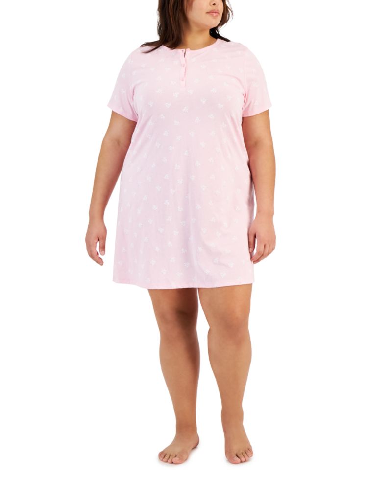 Plus Size Cotton Ditsy Floral Henley Sleepshirt